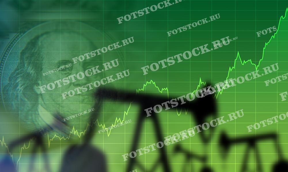 На изображении показаны силуэты нефтяных качалок на фоне графика с восходящей линией и изображением американского доллара. Это символизирует рост цен на нефть и влияние нефтяного рынка на мировую экономику и валютные курсы.